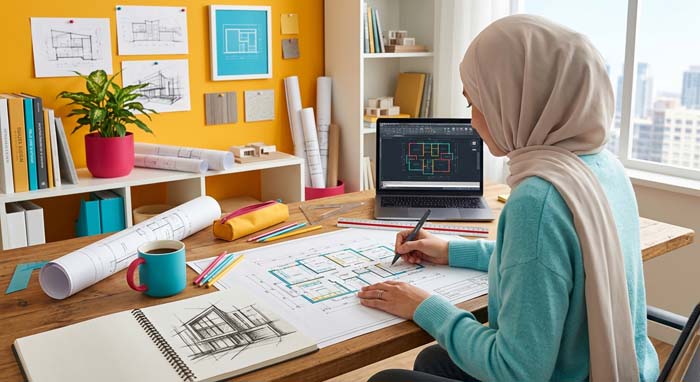 femme travaillant sur un projet de plans pour illustrer le site
