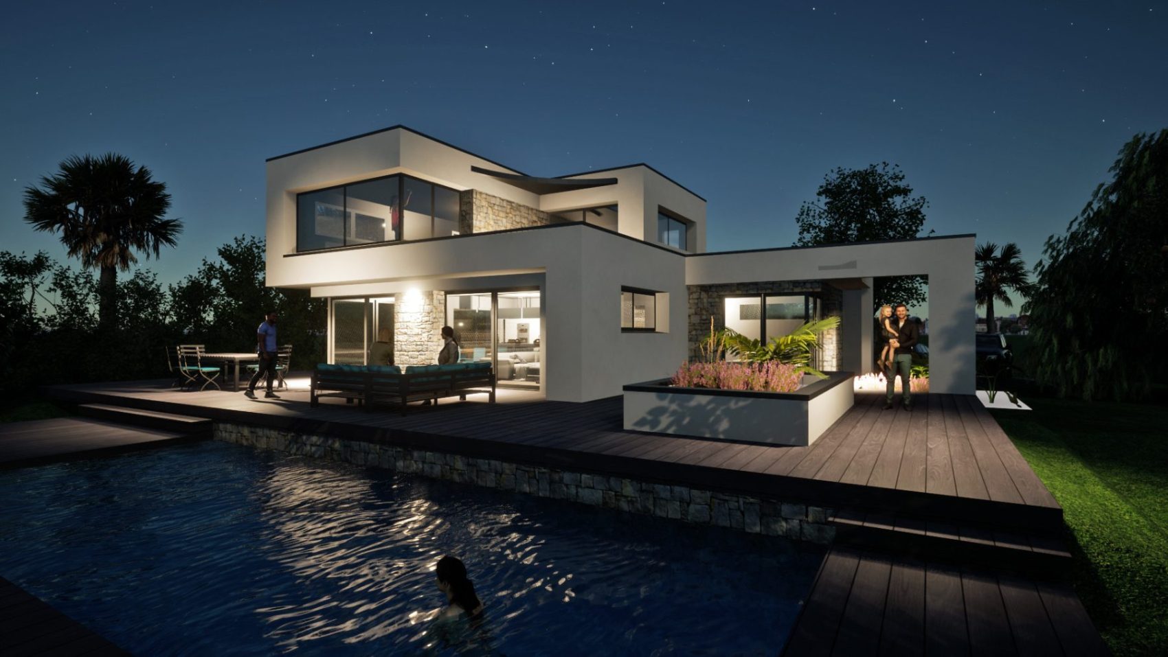 Perspective 3D d'une maison cubique éclairée de nuit
